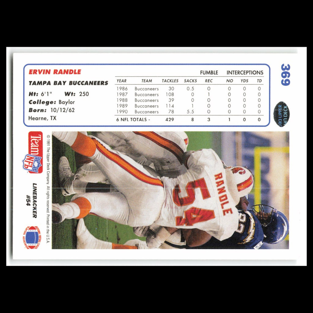 Ervin Randle #369 1991 Upper Deck Tampa Bay Buccaneers Football Card NFL NM