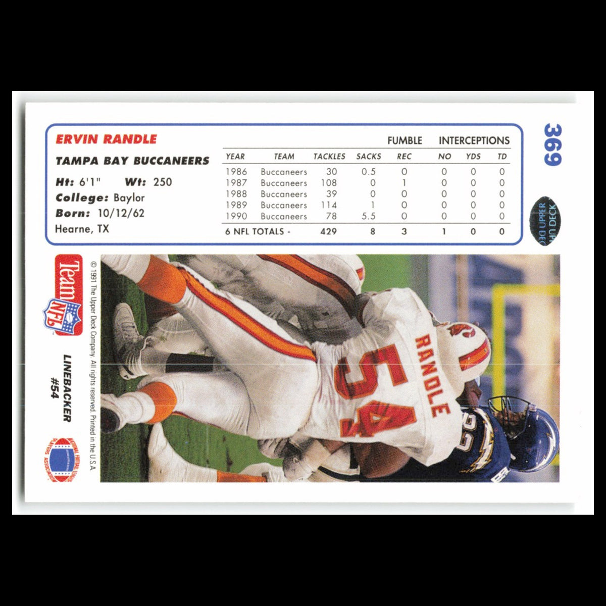 Ervin Randle #369 1991 Upper Deck Tampa Bay Buccaneers Football Card NFL NM