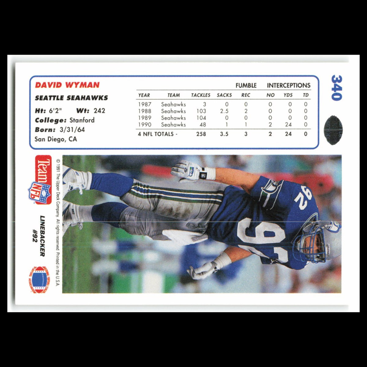 David Wyman #340 1991 Upper Deck Seattle Seahawks Football Card NFL NM