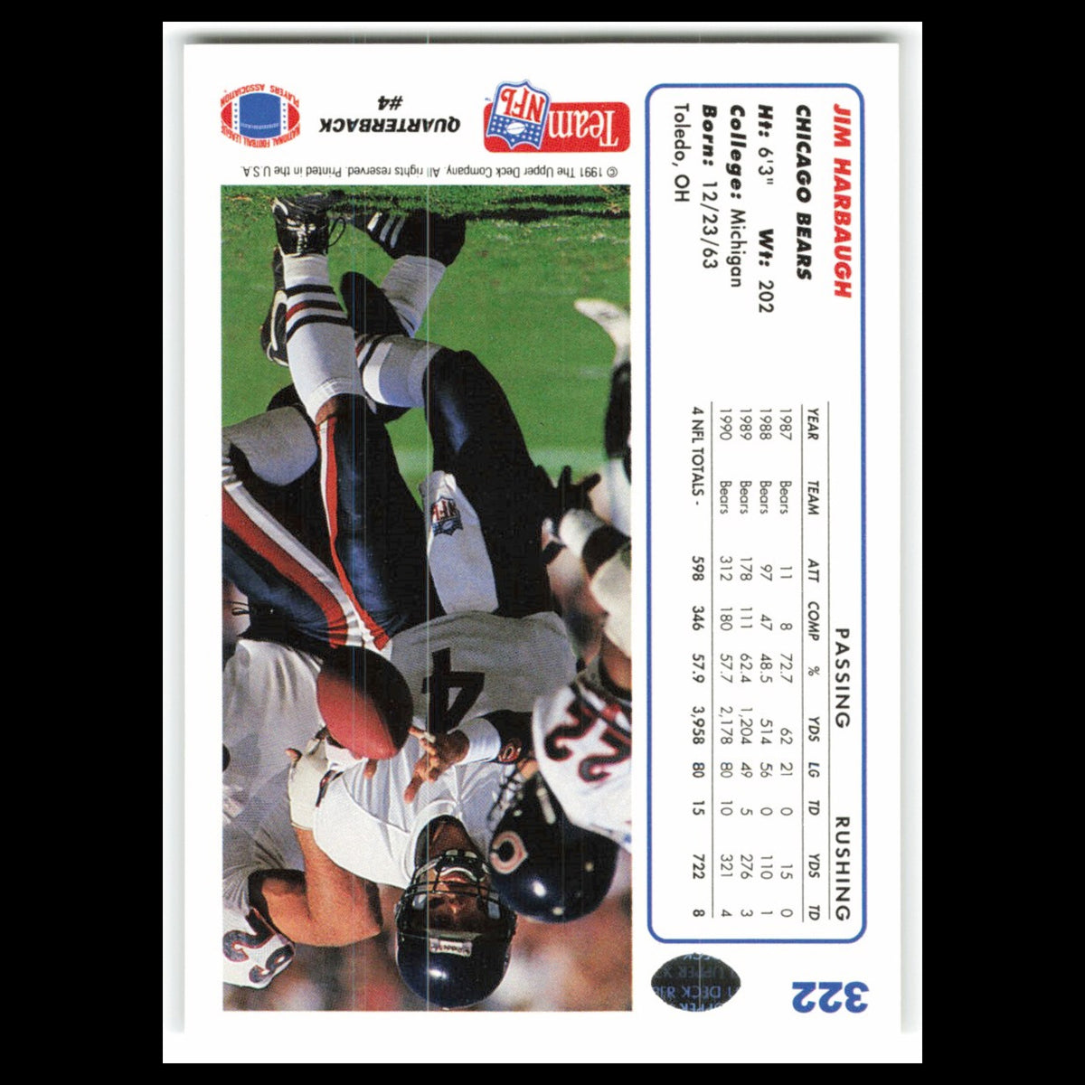Jim Harbaugh #322 1991 Upper Deck Chicago Bears Football Card NFL NM