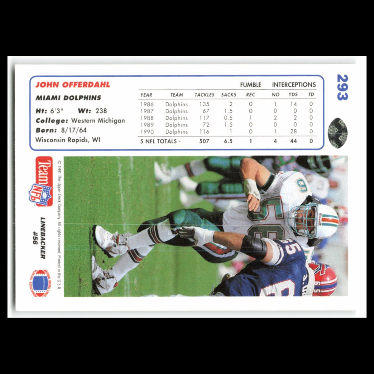 John Offerdahl #293 1991 Upper Deck Miami Dolphins Football Card NFL NM