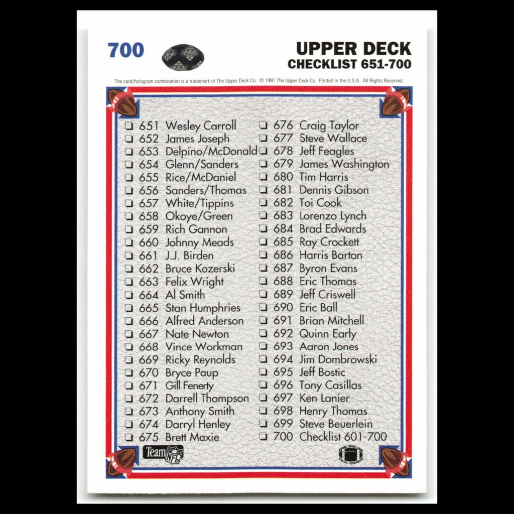 Checklist #700 1991 Upper Deck Football Card NFL NM