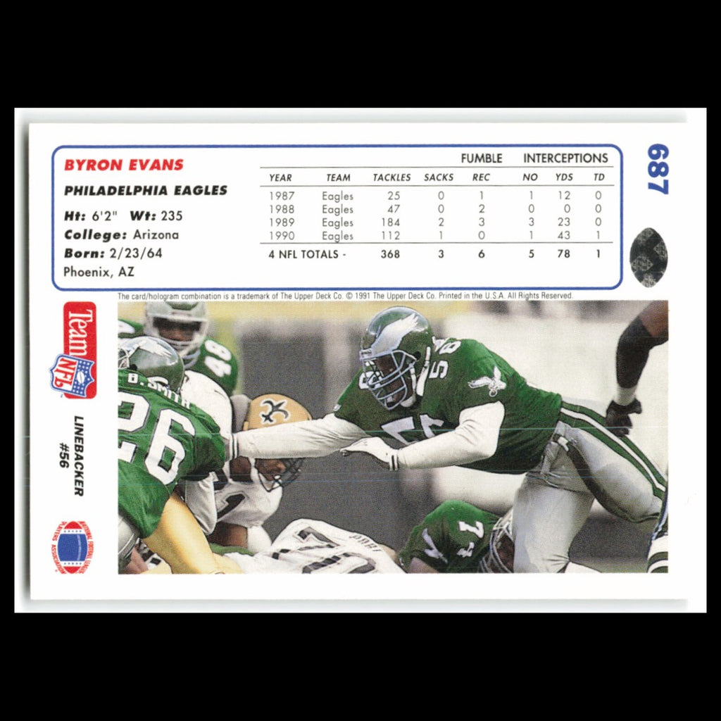Byron Evans #687 1991 Upper Deck Philadelphia Eagles Football Card NFL NM