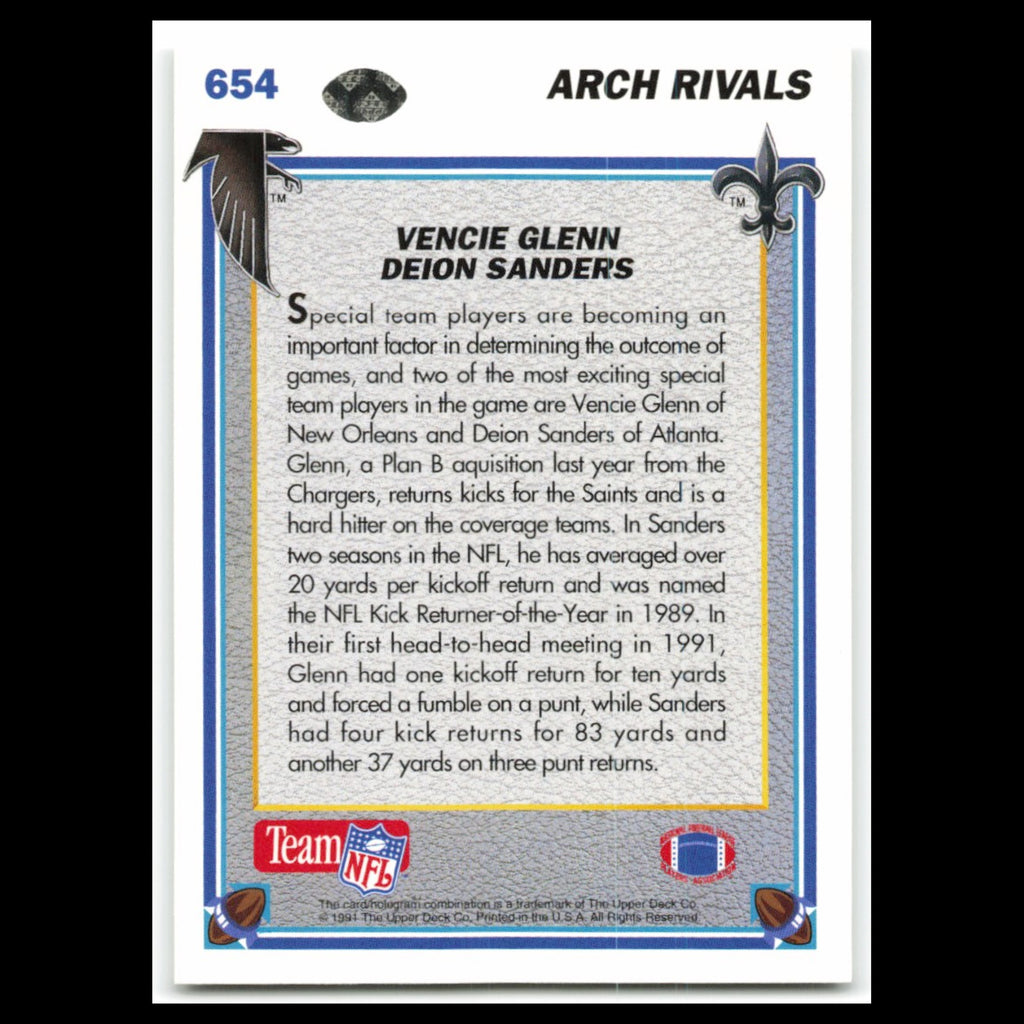 Deion Sanders/Vencie Glenn #654 1991 Upper Deck Football Card NFL NM