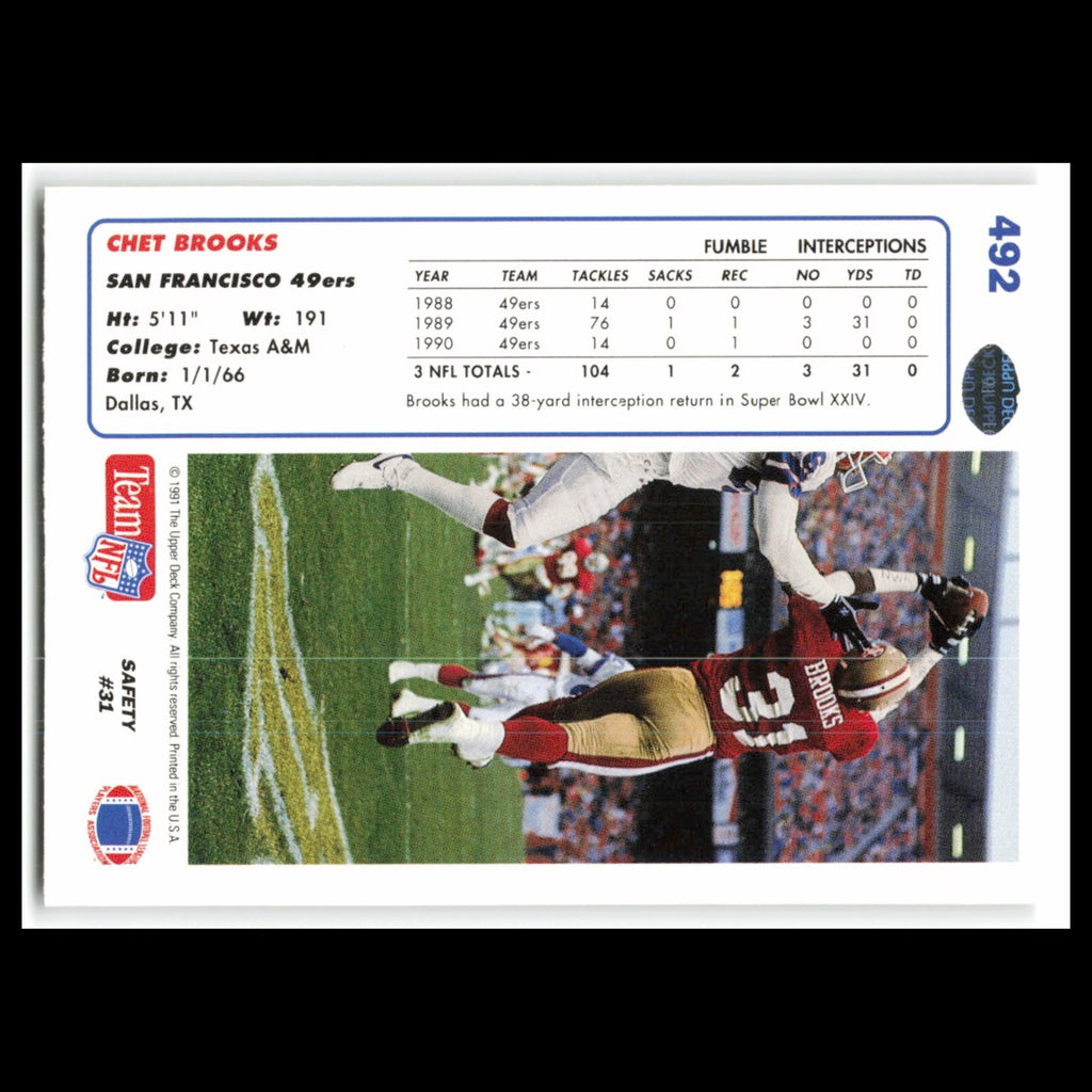 Chet Brooks #492 1991 Upper Deck San Francisco 49ers Football Card NFL NM