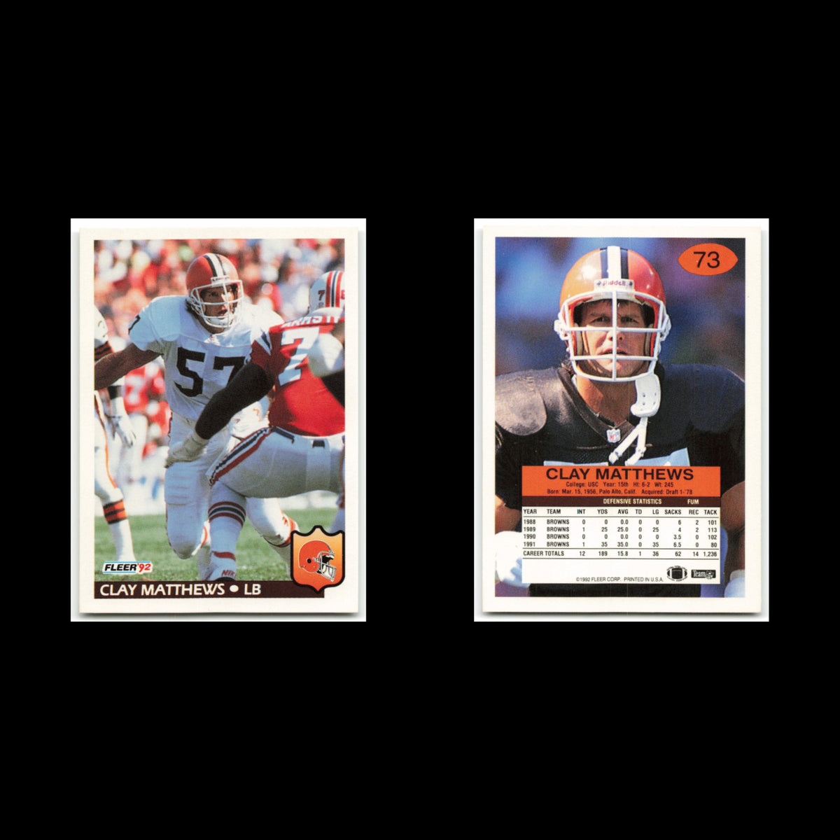 Clay Matthews #73 1992 Fleer Cleveland Browns Football Card NFL NM