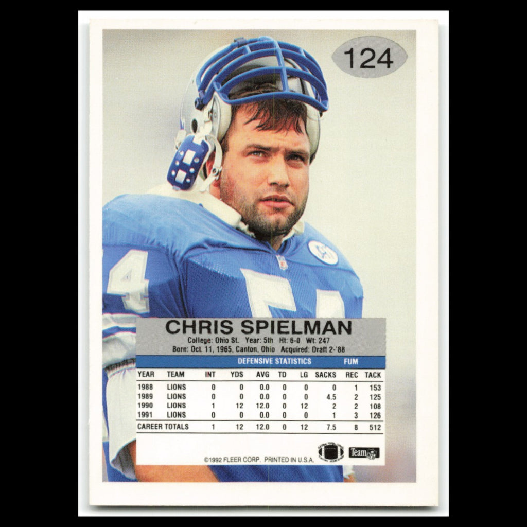 Chris Spielman #124 1992 Fleer Detroit Lions Football Card NFL NM