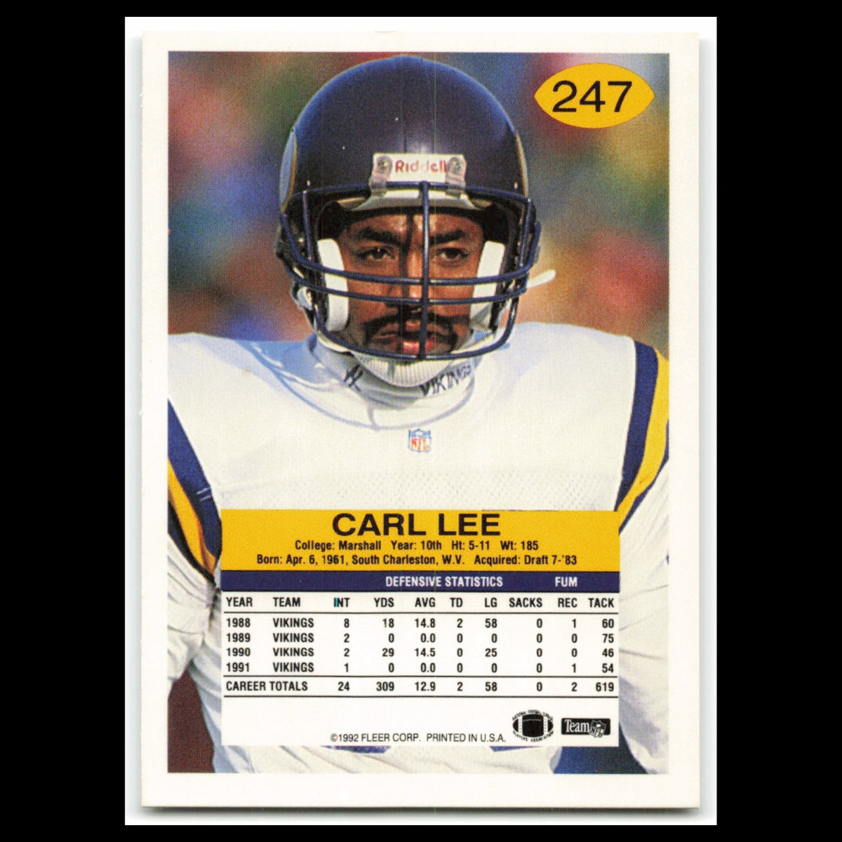 Carl Lee #247 1992 Fleer Minnesota Vikings Football Card NFL NM