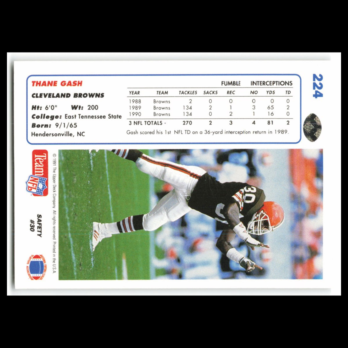 Thane Gash #224 1991 Upper Deck Cleveland Browns Football Card NFL NM