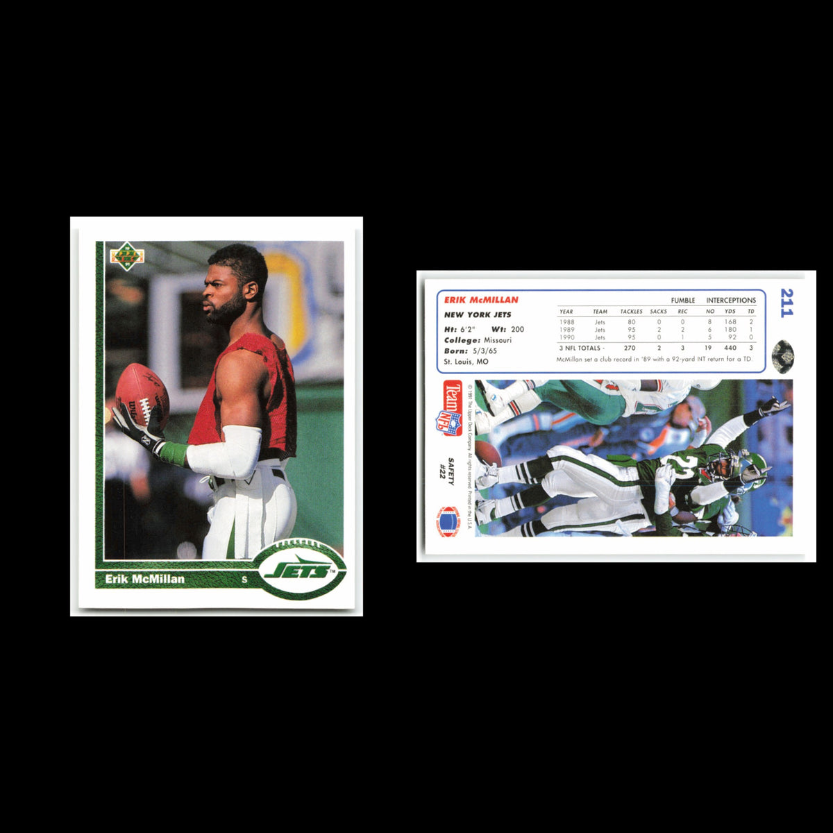 Erik McMillan #211 1991 Upper Deck New York Jets Football Card NFL NM