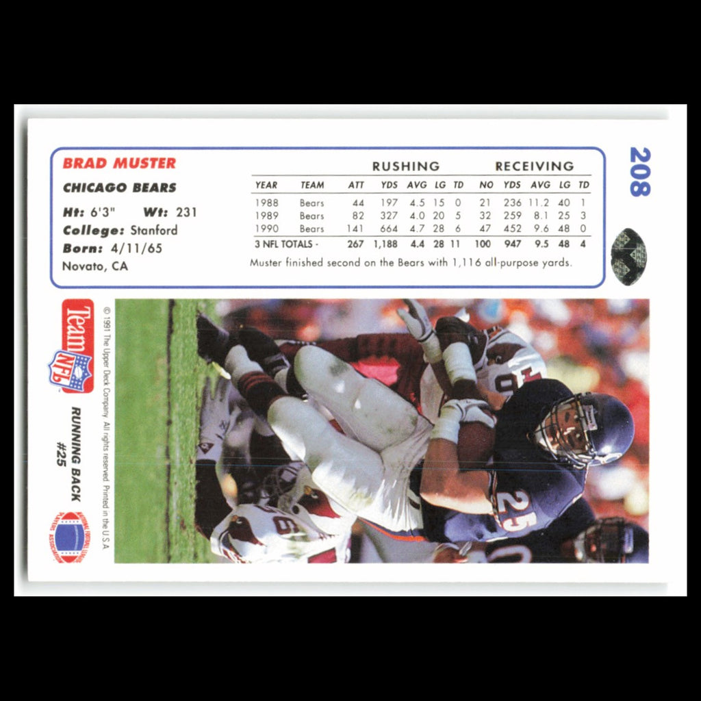 Brad Muster #208 1991 Upper Deck Chicago Bears Football Card NFL NM