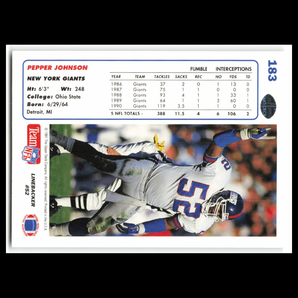 Pepper Johnson #183 1991 Upper Deck New York Giants Football Card NFL NM