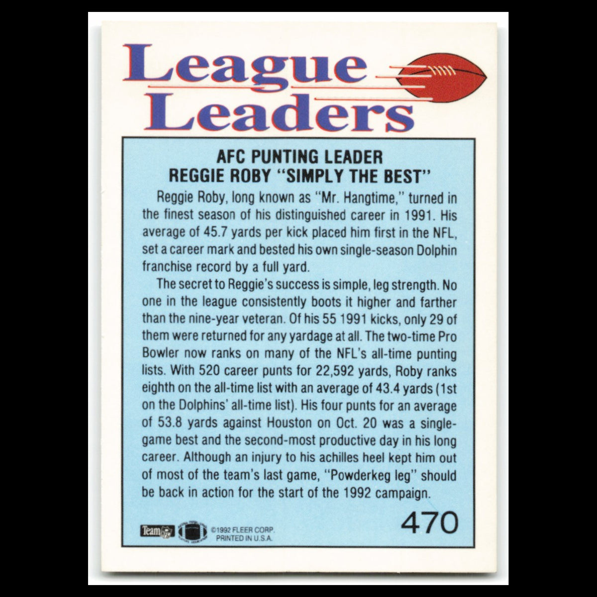 Reggie Roby #470 1992 Fleer Miami Dolphins Football Card NFL NM