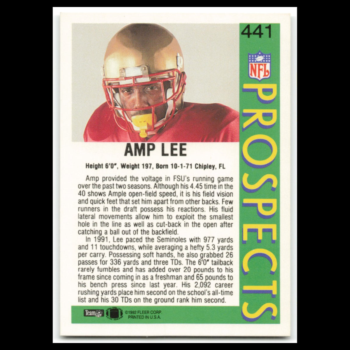 Amp Lee Rookie #441 1992 Fleer Florida State Seminoles Football Card NFL NM