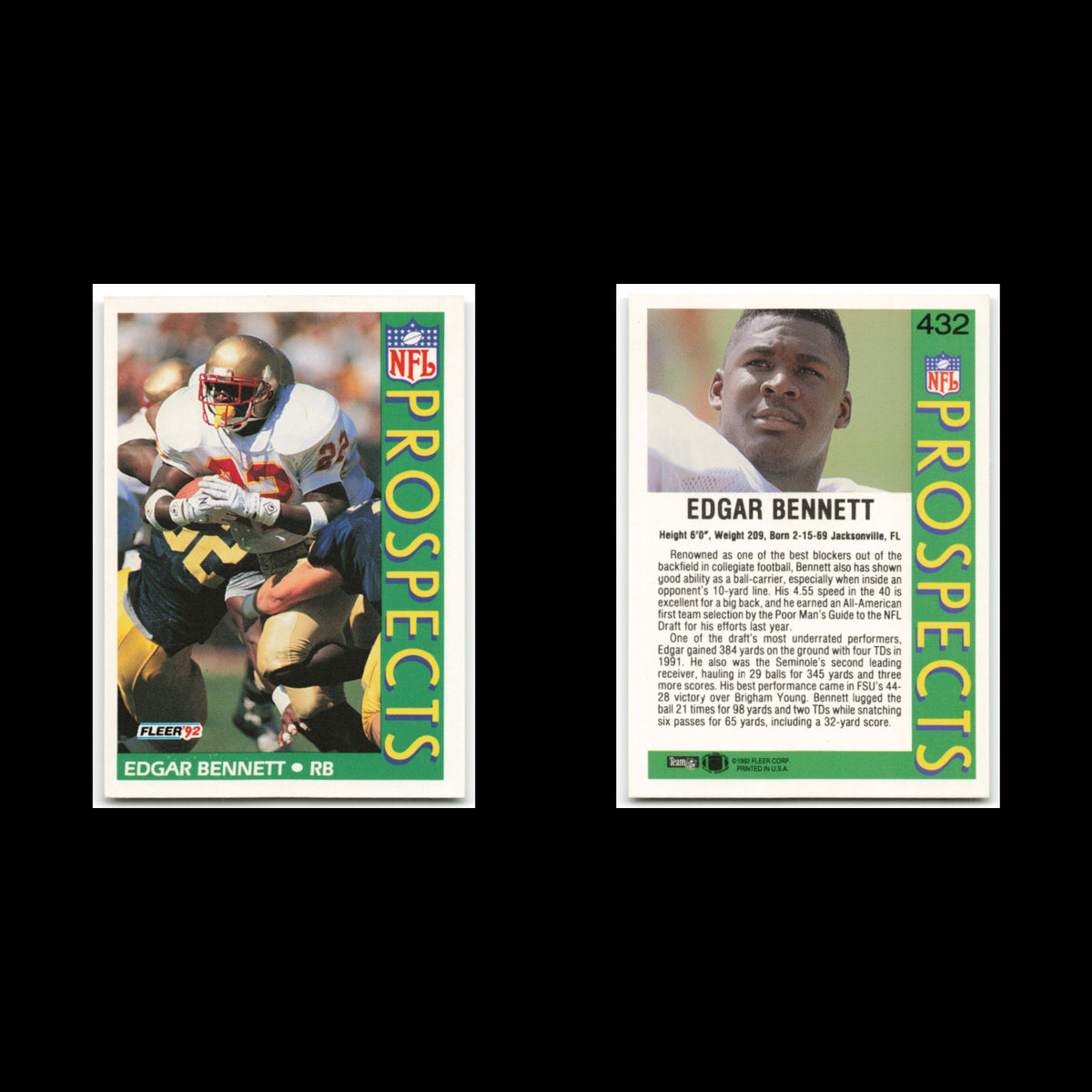 Edgar Bennett Rookie #432 1992 Fleer Florida State Seminoles Football Card NFL