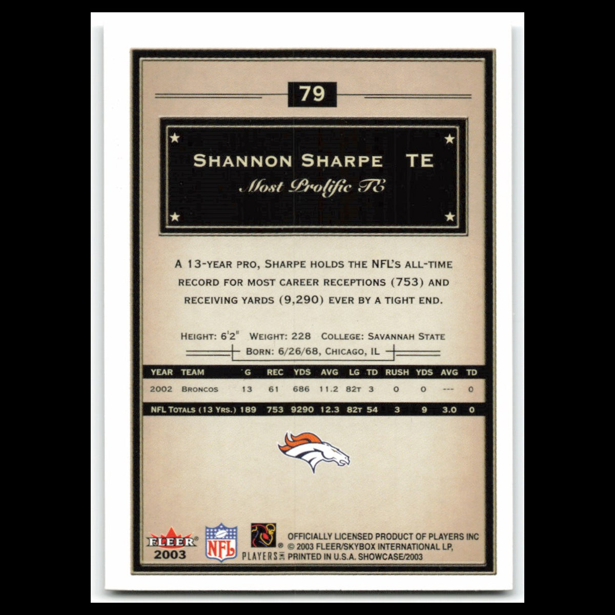 Shannon Sharpe #79 2003 Fleer Showcase Denver Broncos Football Card NFL NM