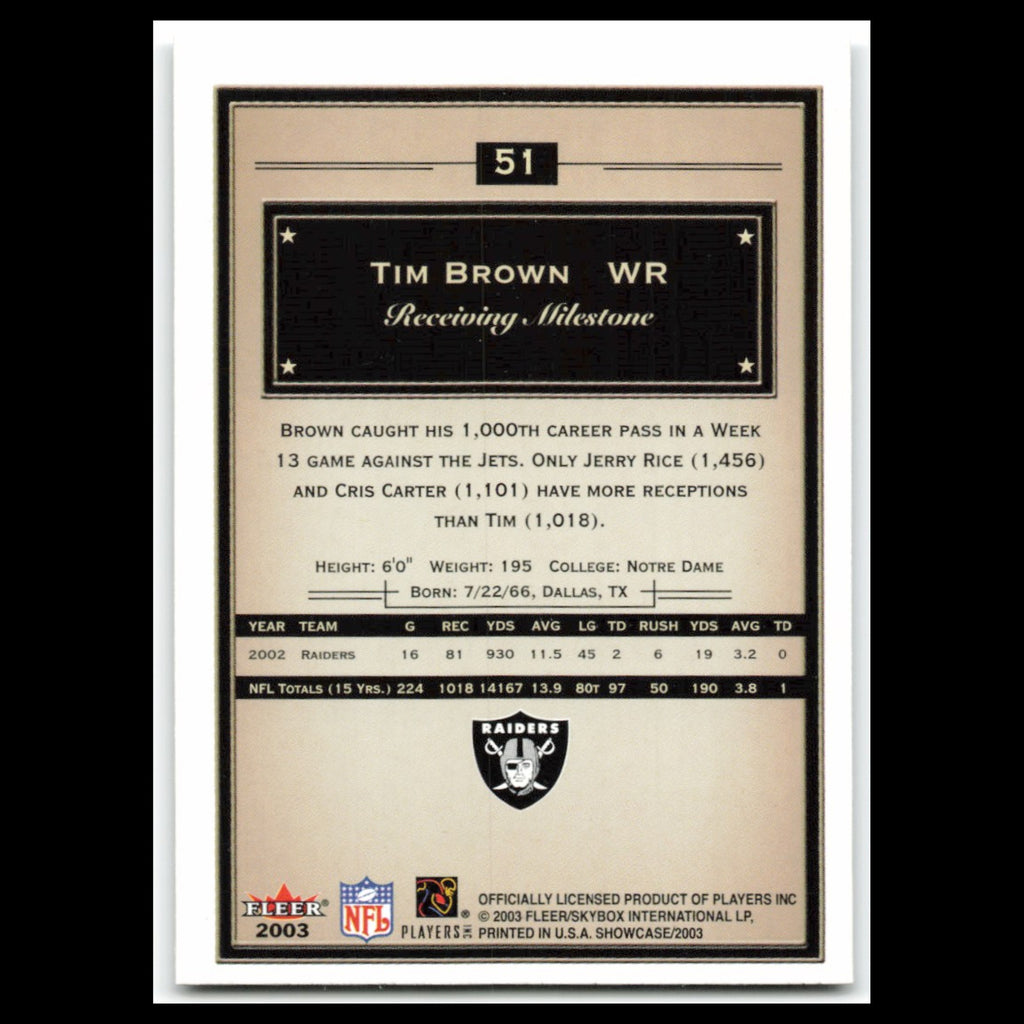 Tim Brown #51 2003 Fleer Showcase Oakland Raiders Football Card NFL NM