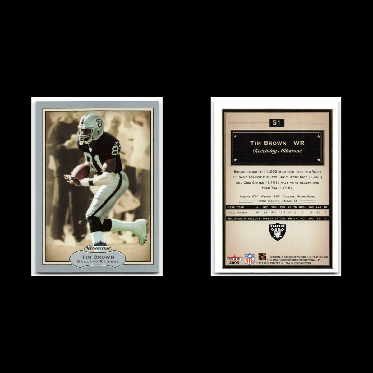 Tim Brown #51 2003 Fleer Showcase Oakland Raiders Football Card NFL NM