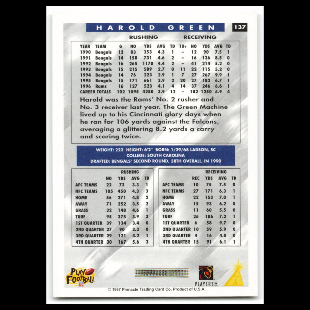Harold Green #137 1997 Score St. Louis Rams Football Card NFL NM