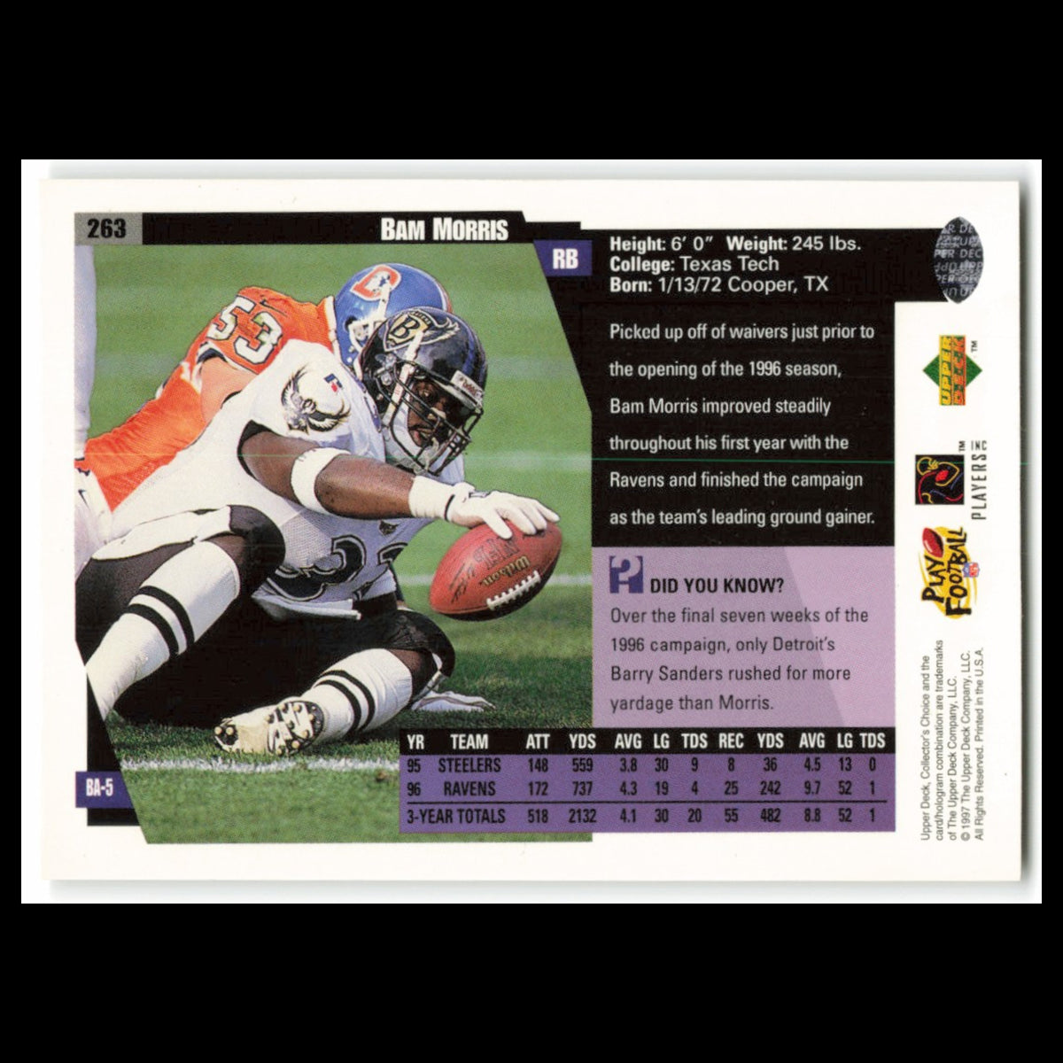 Bam Morris #263 1997 Collectors Choice Baltimore Ravens Football Card NFL NM