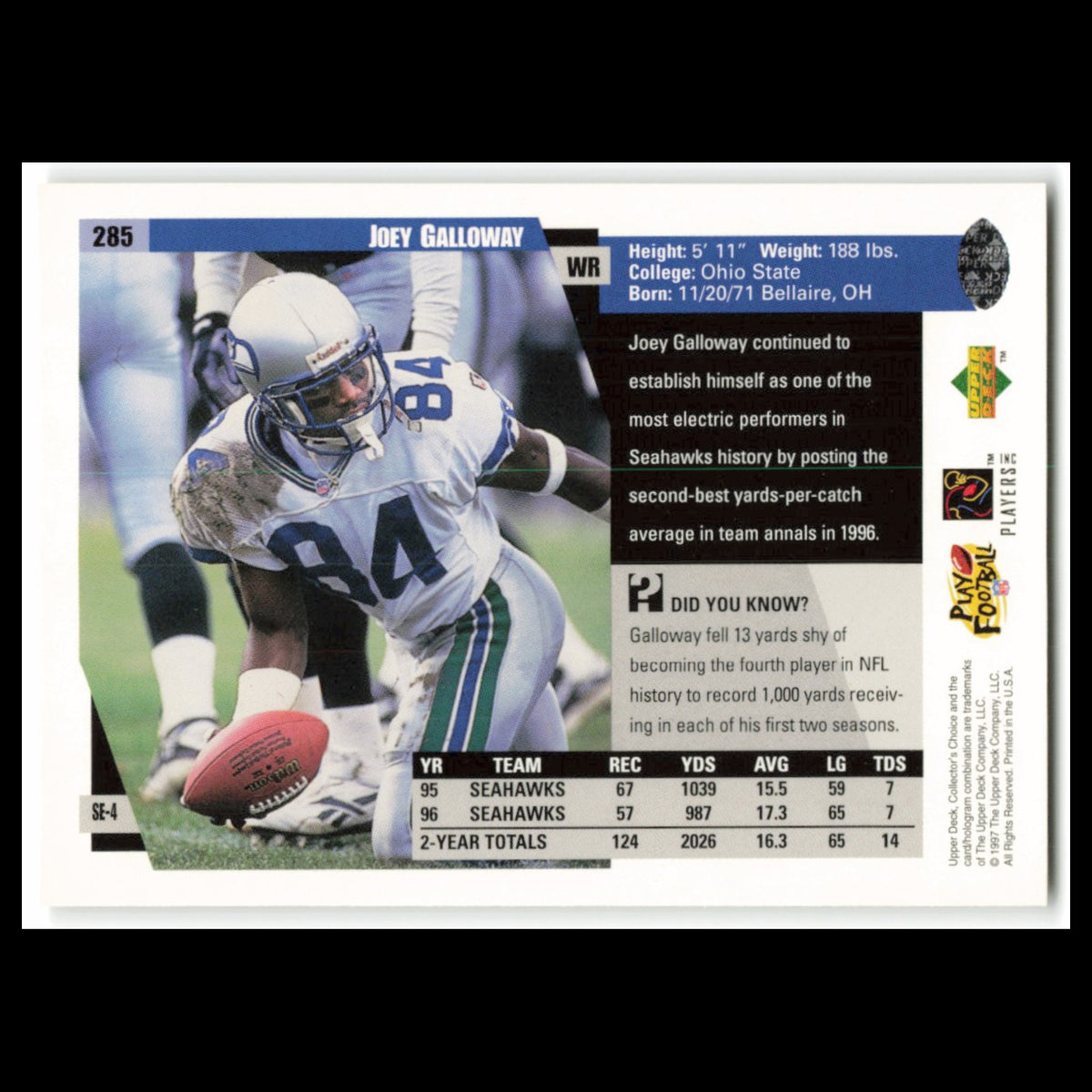 Joey Galloway #285 1997 Collectors Choice Seattle Seahawks Football Card NFL NM