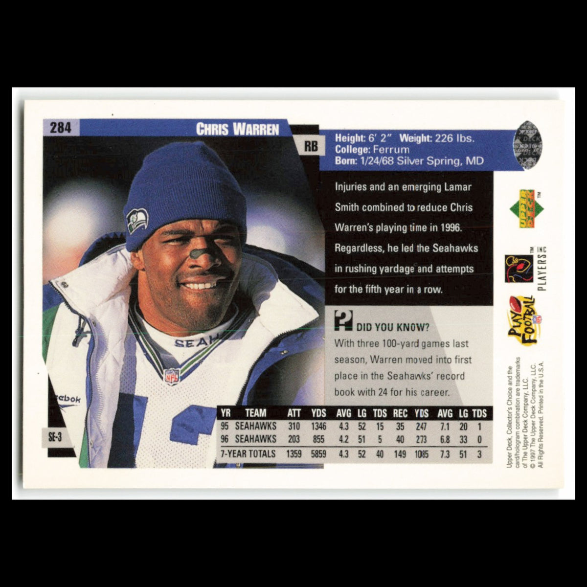 Chris Warren #284 1997 Collectors Choice Seattle Seahawks Football Card NFL NM