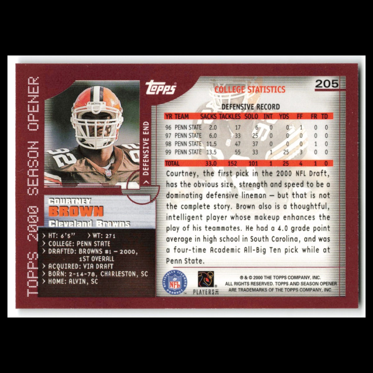 Courtney Brown Rookie #205 2000 Topps Season Opener Cleveland Browns Football NM