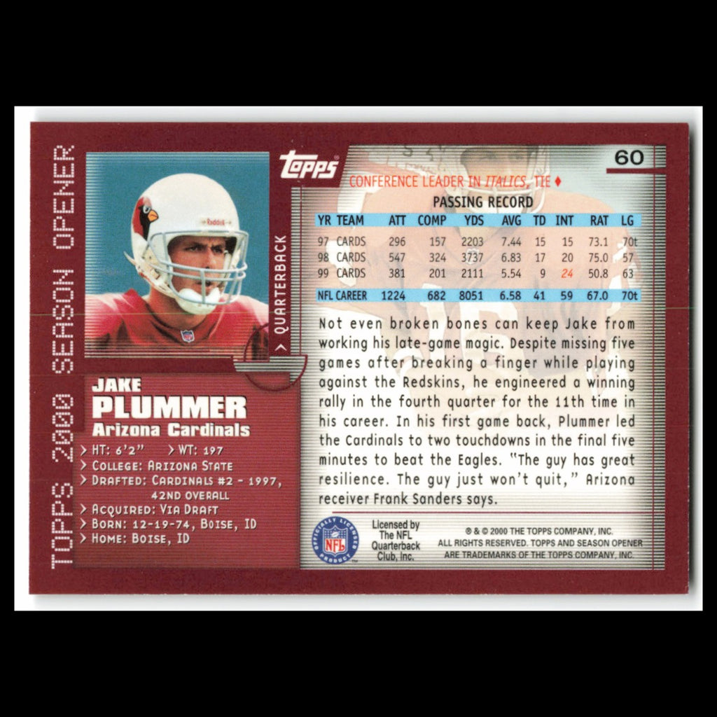 Jake Plummer #60 2000 Topps Season Opener Arizona Cardinals Football Card NFL NM