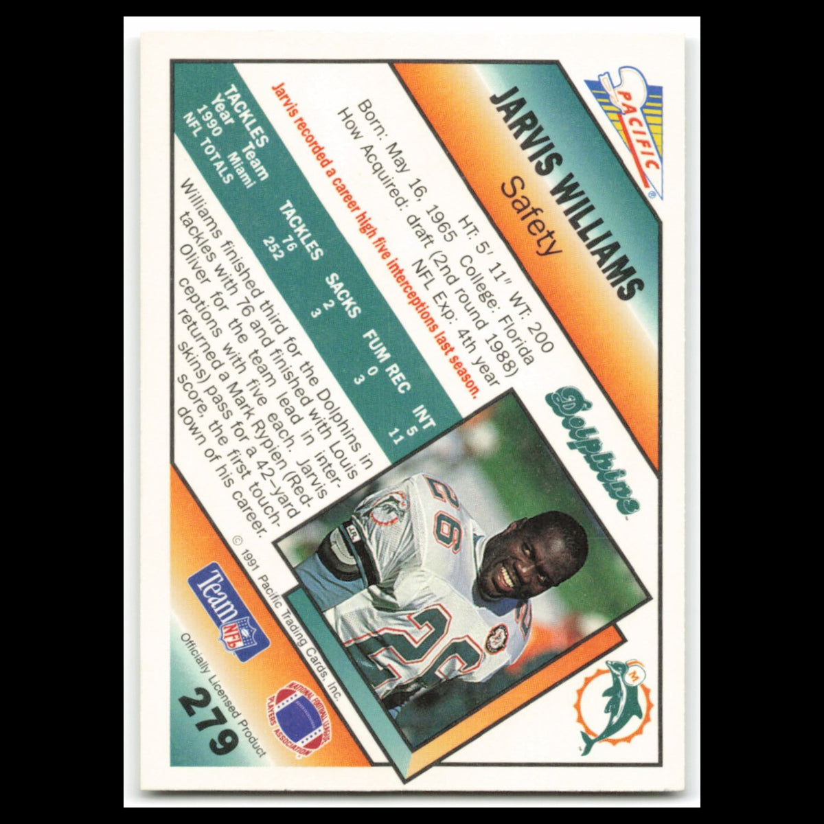 Jarvis Williams #279 1991 Pacific Miami Dolphins Football Card NFL NM