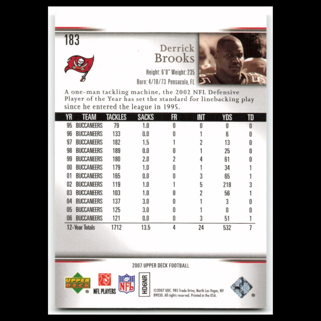 Derrick Brooks #183 2007 Upper Deck Tampa Bay Buccaneers Football Card NFL NM