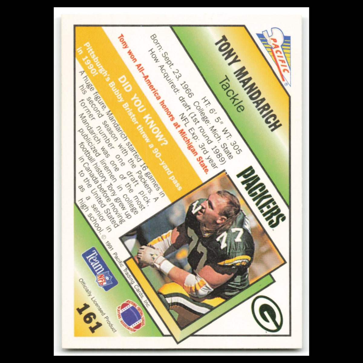 Tony Mandarich #161 1991 Pacific Green Bay Packers Football Card NFL NM