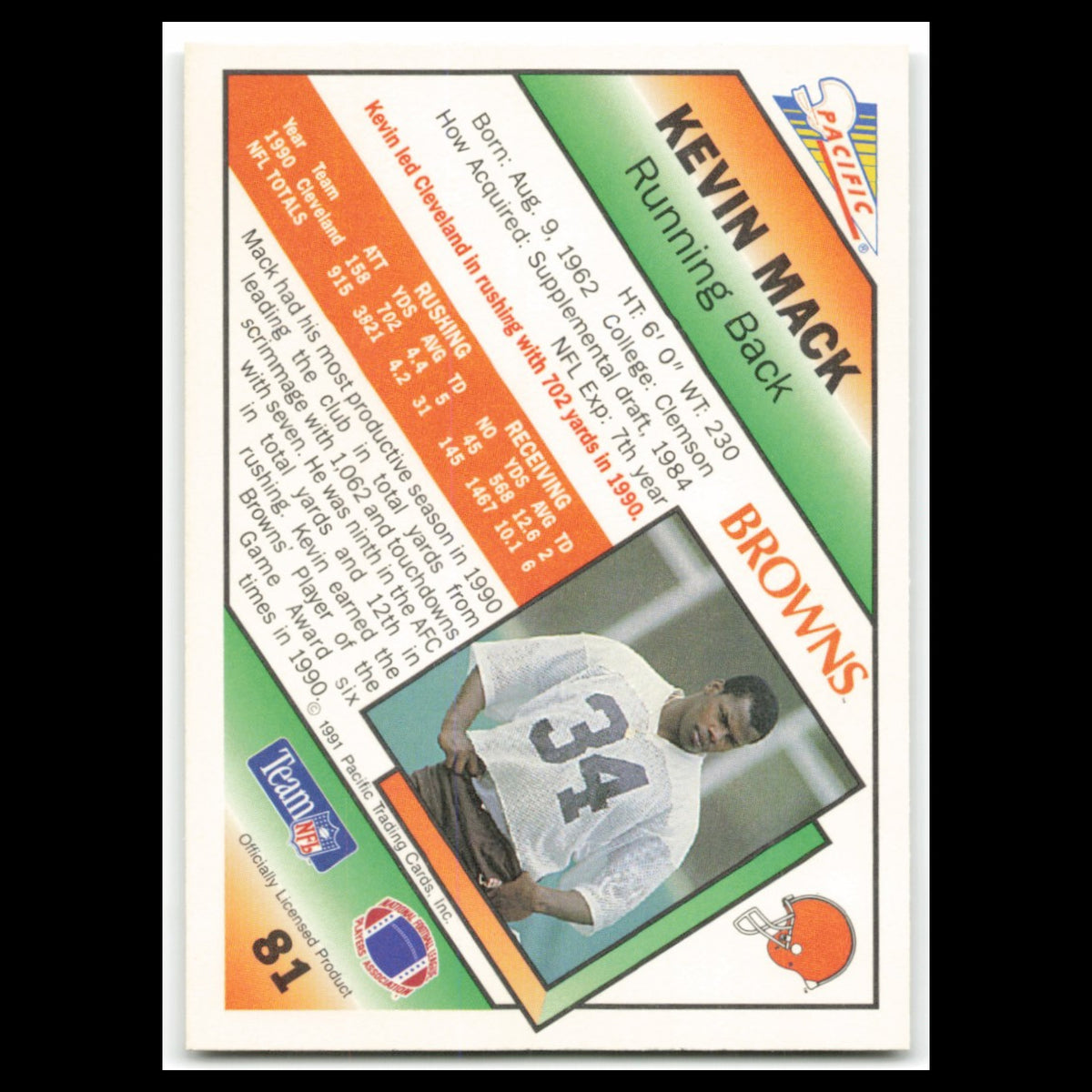 Kevin Mack #81 1991 Pacific Cleveland Browns Football Card NFL NM