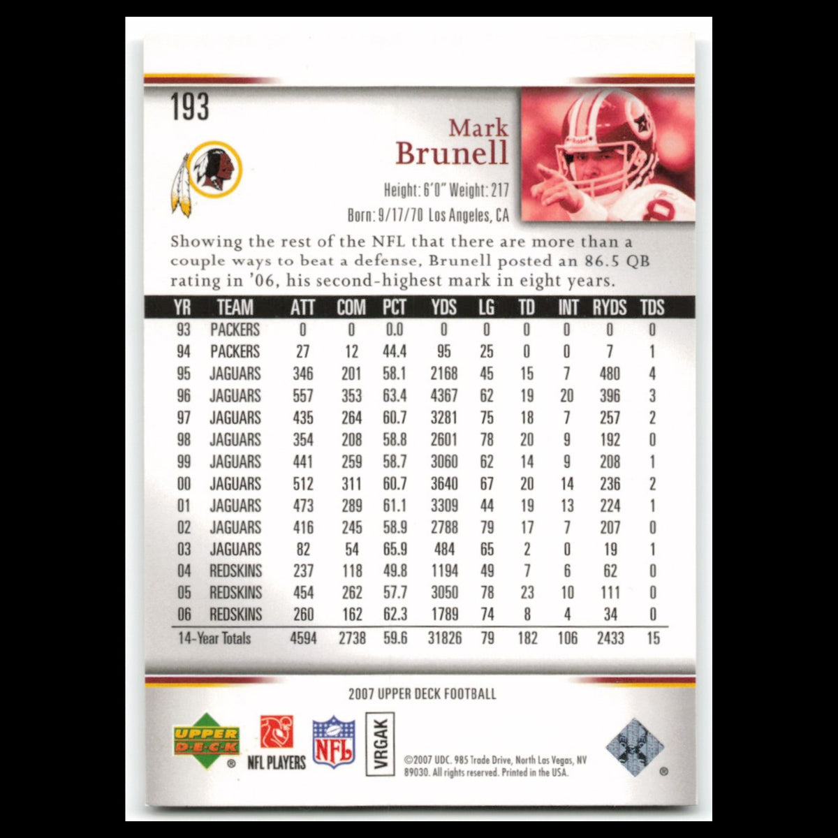 Mark Brunell #193 2007 Upper Deck Washington Redskins Football Card NFL NM