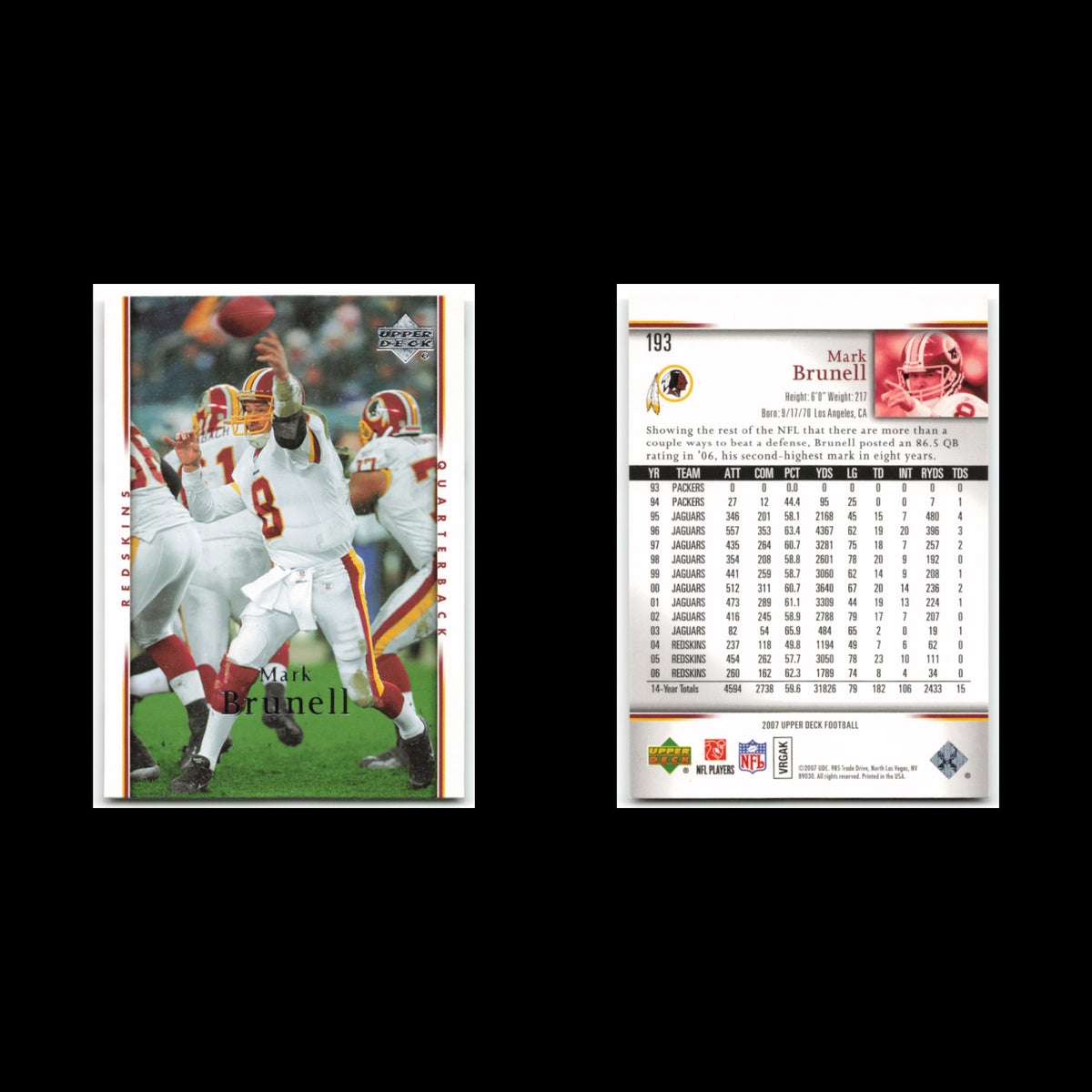 Mark Brunell #193 2007 Upper Deck Washington Redskins Football Card NFL NM