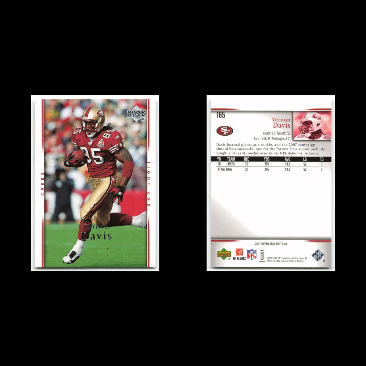 Vernon Davis #165 2007 Upper Deck San Francisco 49ers Football Card NFL NM