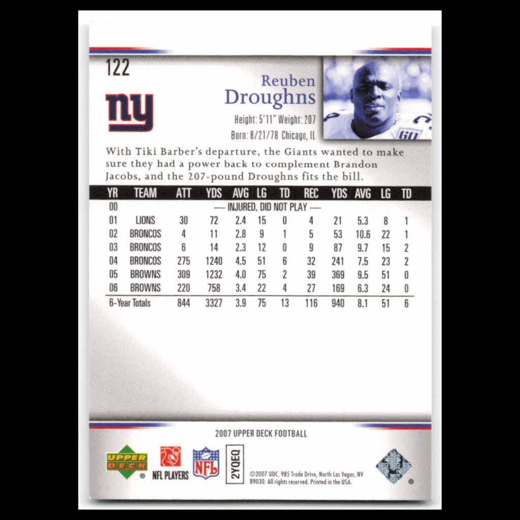 Reuben Droughns #122 2007 Upper Deck New York Giants Football Card NFL NM