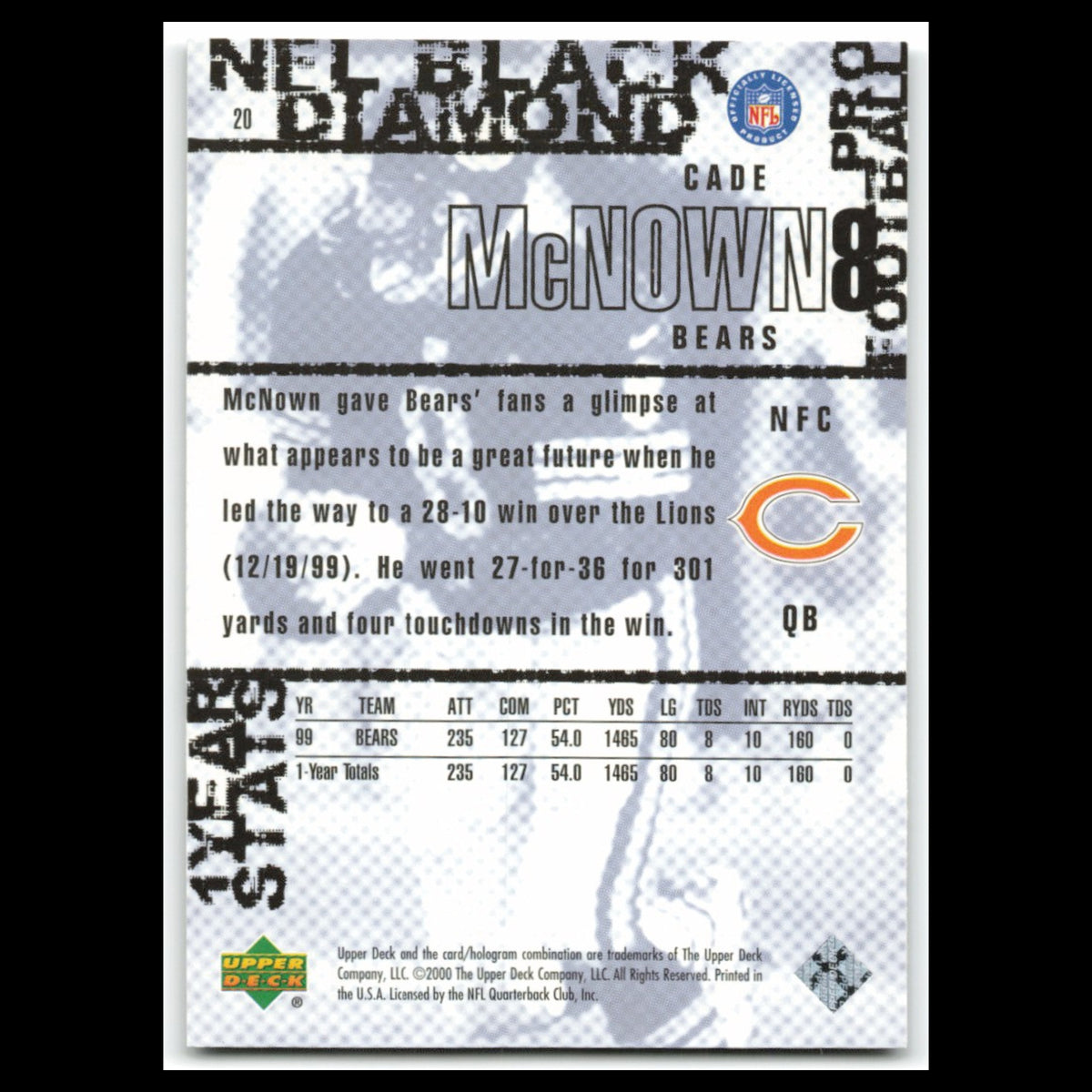 Cade McNown #20 2000 Upper Deck Black Diamond Chicago Bears Football Card NFL NM