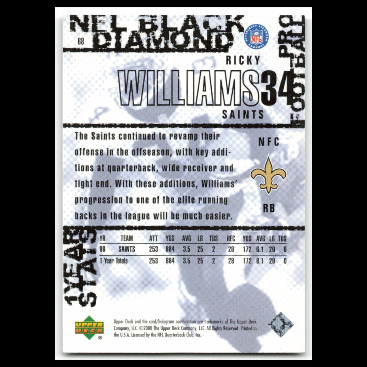 Rickey Williams #88 2000 Upper Deck Black Diamond New Orleans Saints Football NM