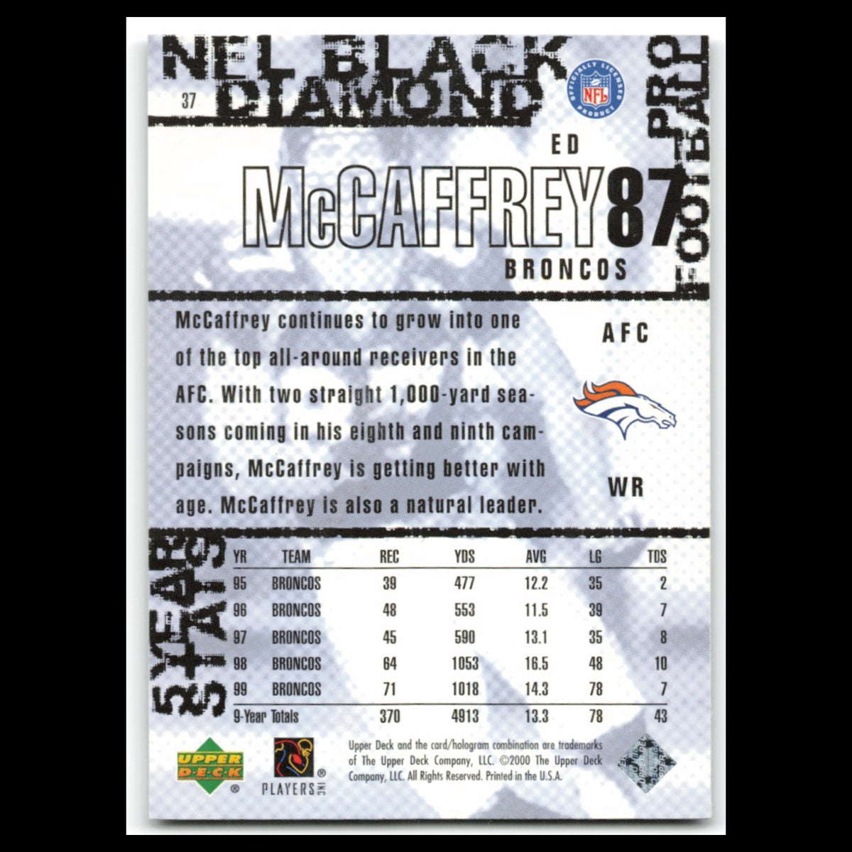 Ed McCaffery #37 2000 Upper Deck Black Diamond Denver Broncos Football Card NFL
