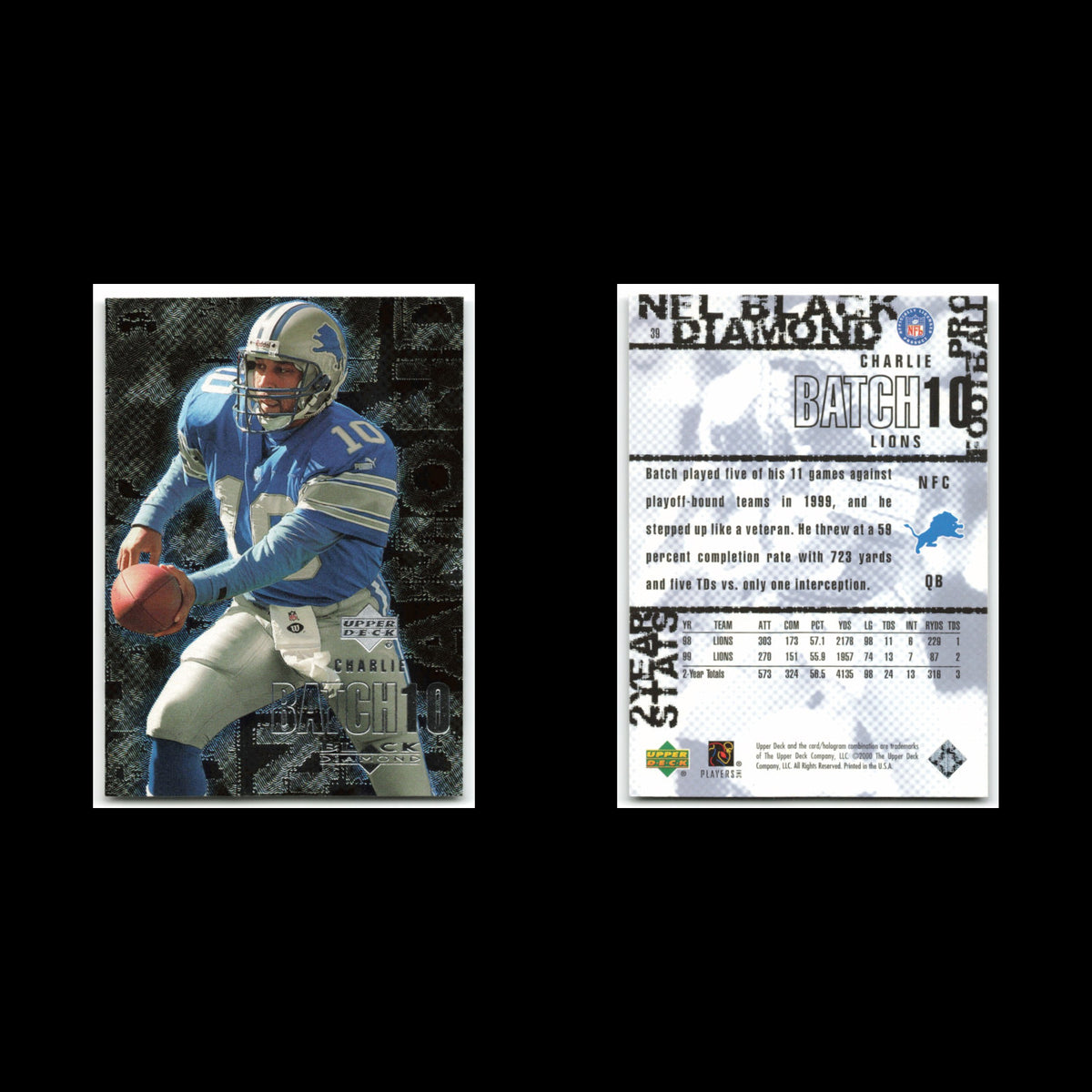 Charlie Batch #39 2000 Upper Deck Black Diamond Detroit Lions Football Card NFL