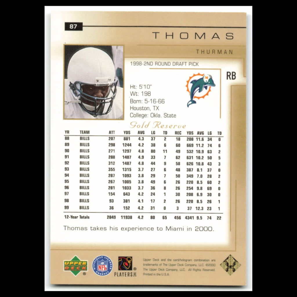 Thurman Thomas #87 2000 Upper Deck Gold Reserve Miami Dolphins Football Card NFL