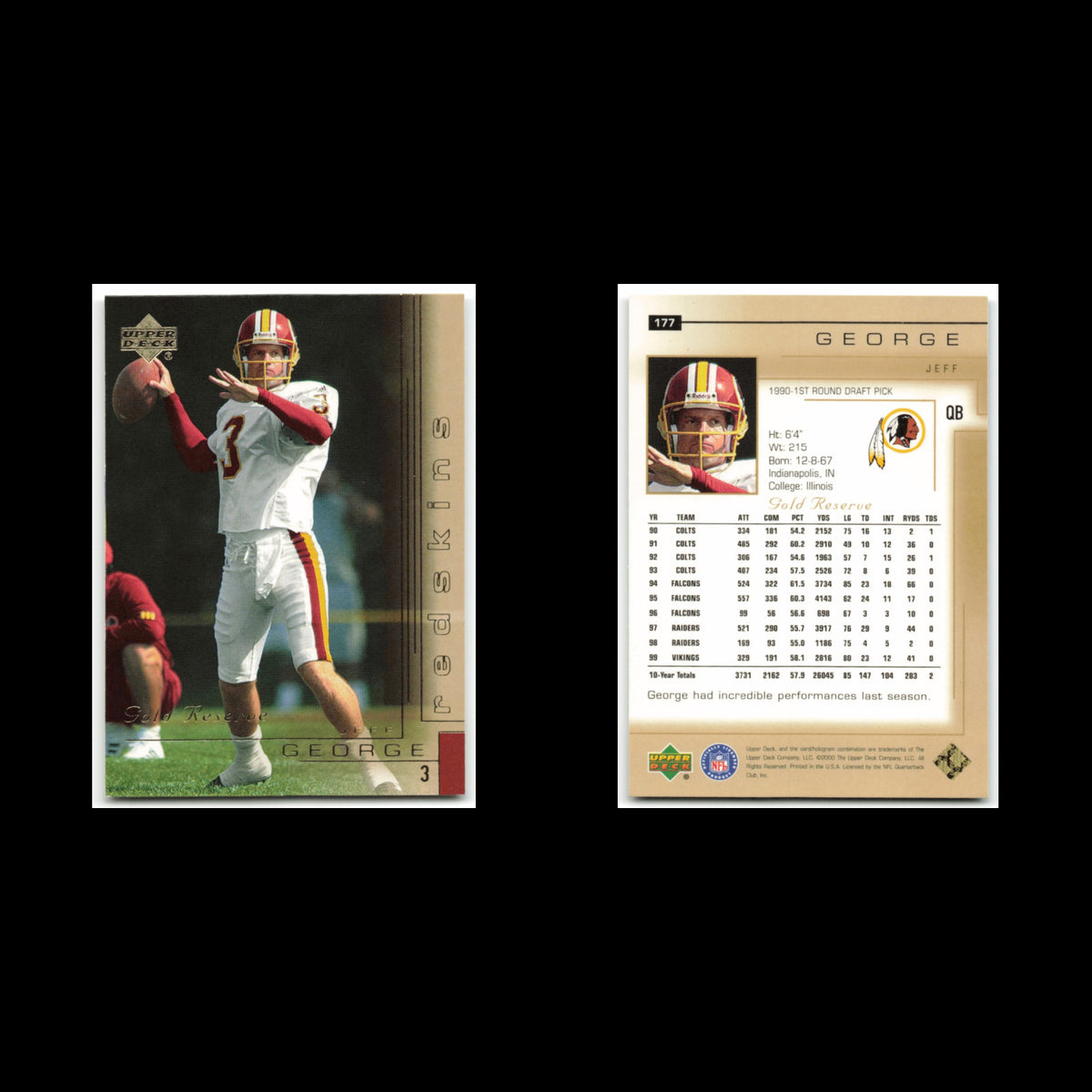 Jeff George #177 2000 Upper Deck Gold Reserve Washington Redskins Football Card
