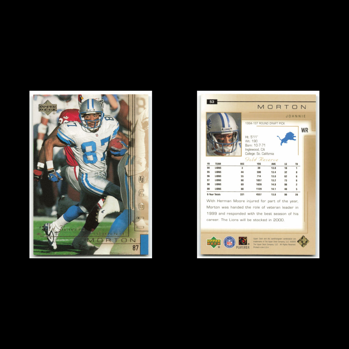 Johnnie Morton #53 2000 Upper Deck Gold Reserve Detroit Lions Football Card NFL