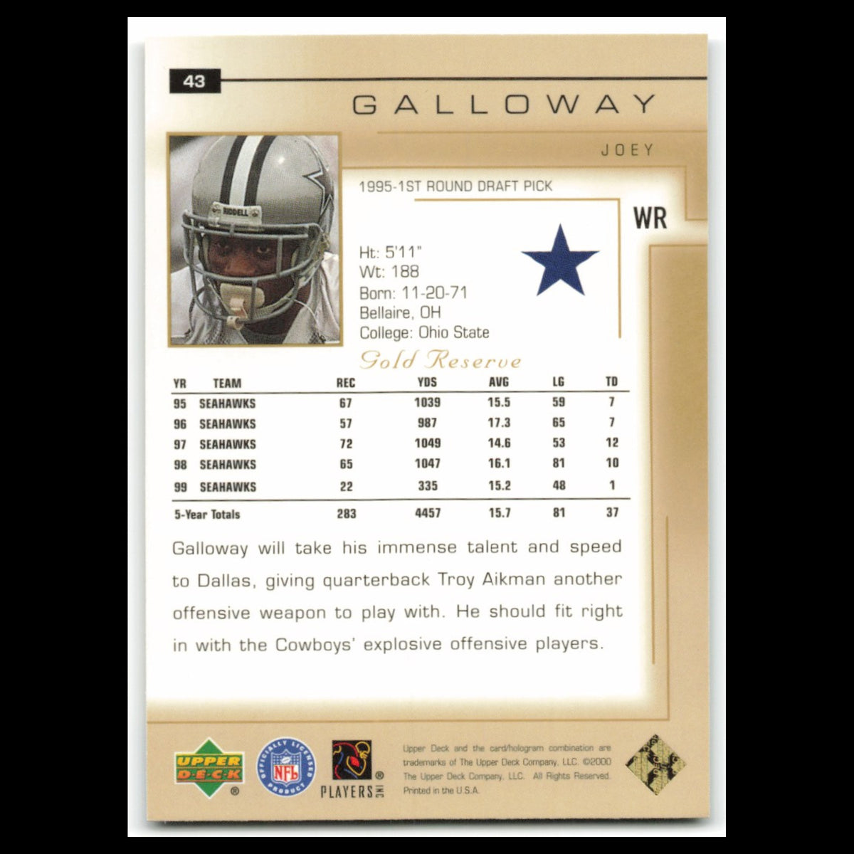 Joey Galloway #43 2000 Upper Deck Gold Reserve Dallas Cowboys Football Card NFL