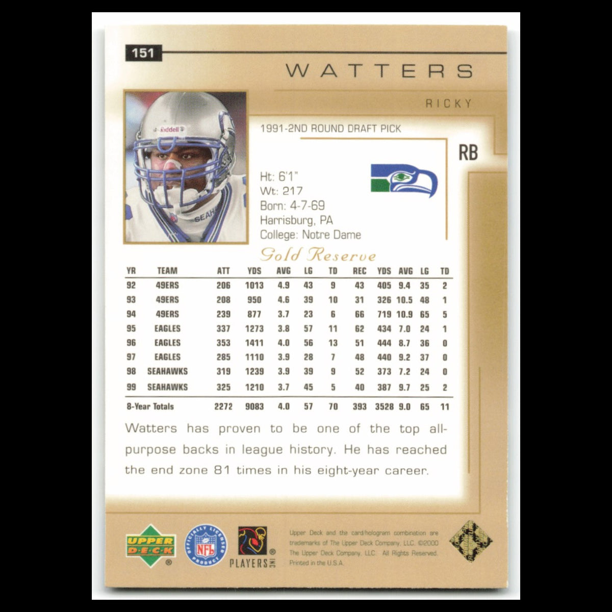 Ricky Watters #151 2000 Upper Deck Gold Reserve Seattle Seahawks Football Card