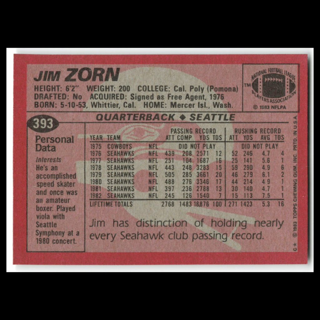 Jim Zorn #393 1983 Topps Seattle Seahawks Football Card NFL NM