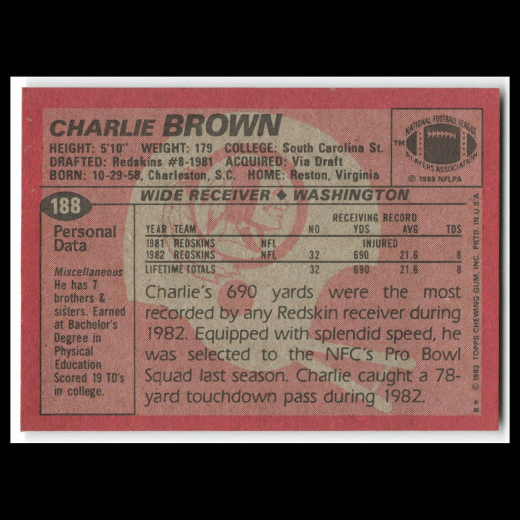 Charlie Brown #188 1983 Topps Washington Redskins Football Card NFL NM