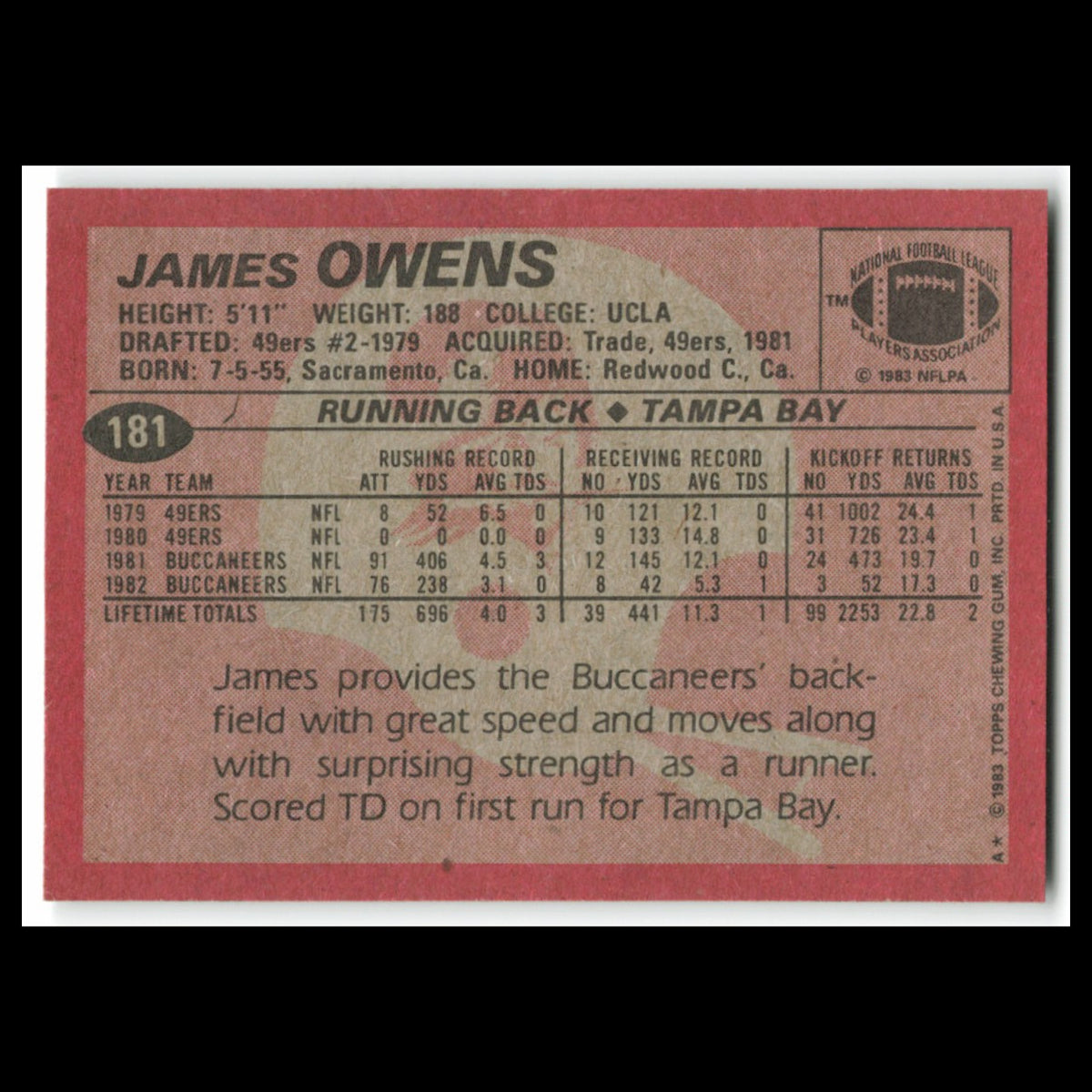 James Owens #181 1983 Topps Tampa Bay Buccaneers Football Card NFL NM