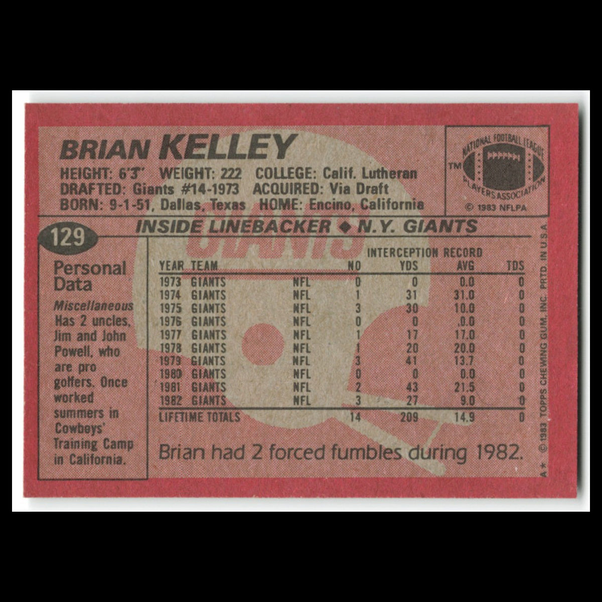 Brian Kelley #129 1983 Topps New York Giants Football Card NFL NM