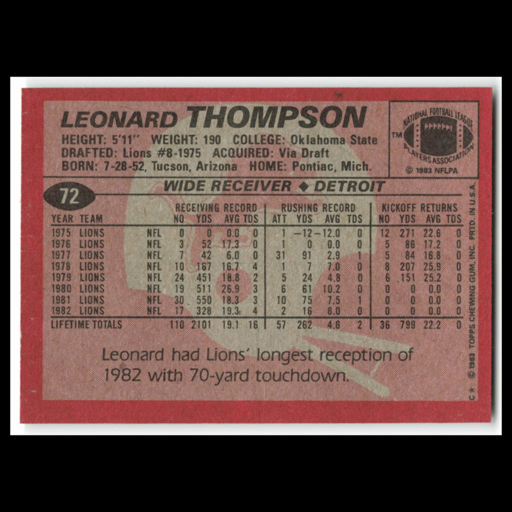 Leonard Thompson #72 1983 Topps Detroit Lions Football Card NFL NM
